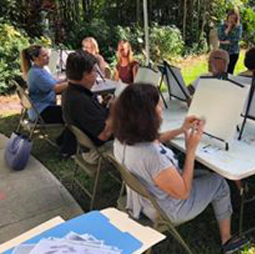 group photo of the aphasia family doing a painting class outside