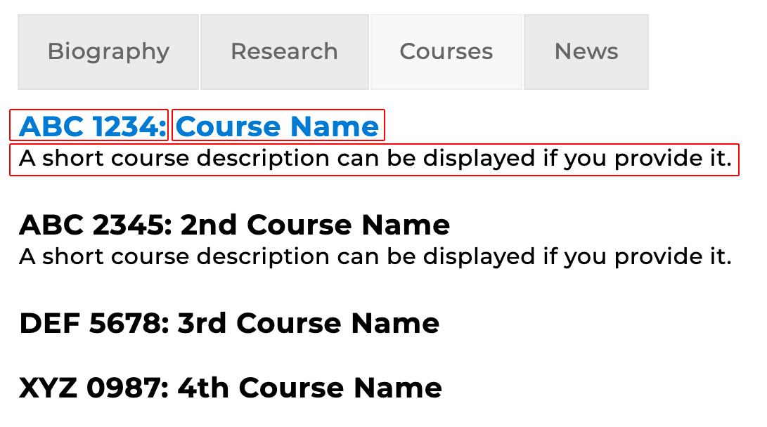 a screenshot of the courses section of our directory profile pages