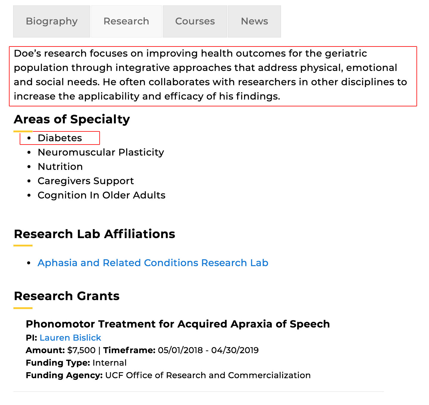 screenshot showing the research section of the directory profile