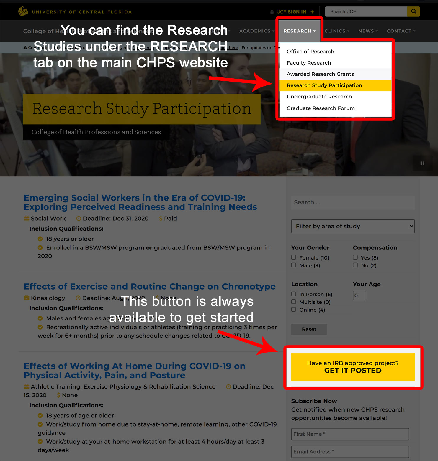 a screenshot of the research opportunity button locations on our website