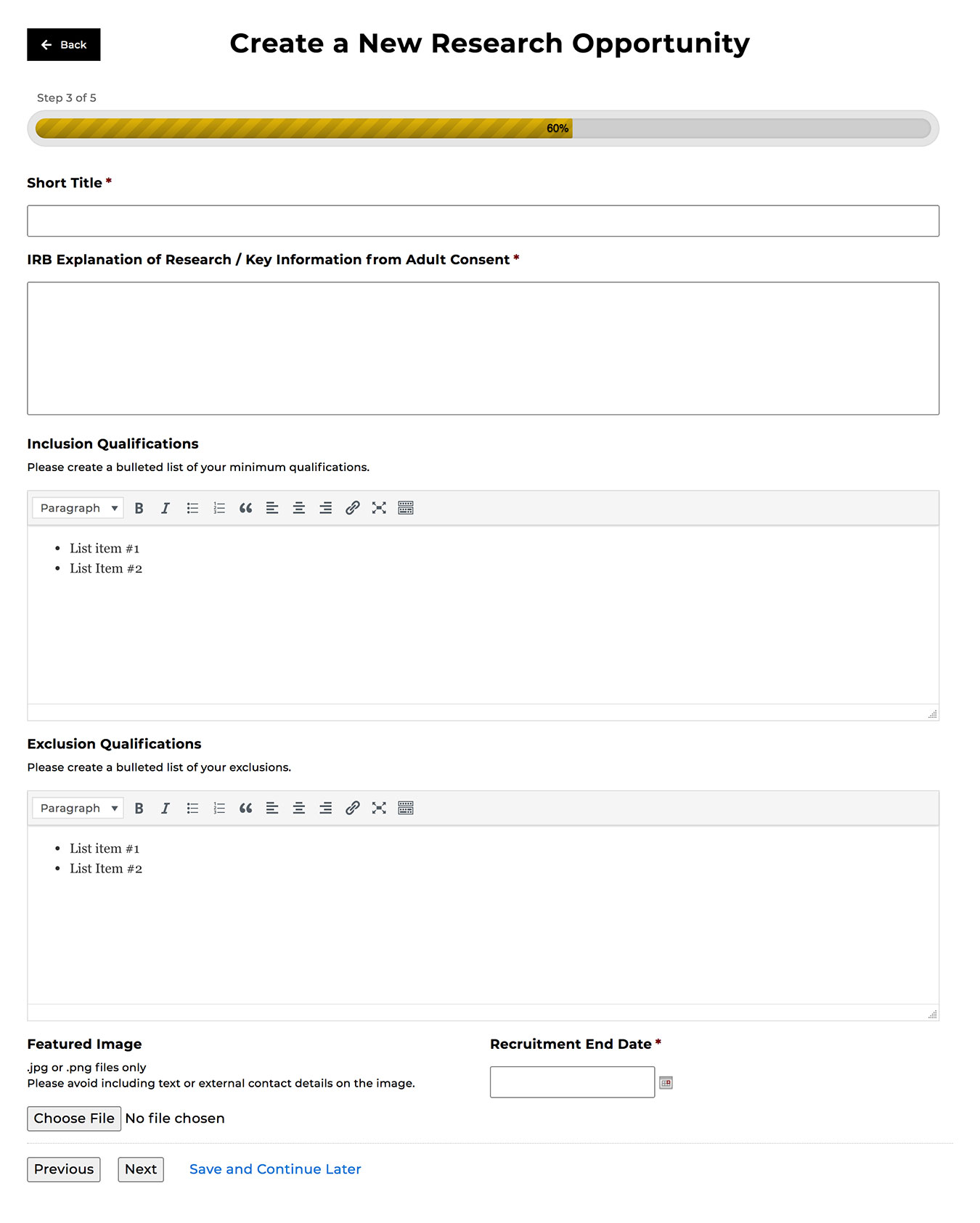 a screenshot of the form used to create a new research opportunity