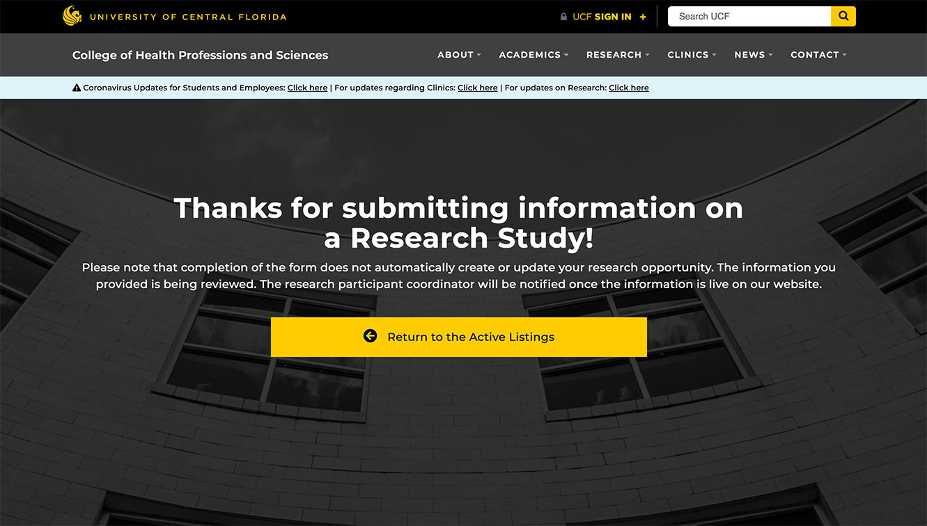 a screenshot of the thank you page after a visitor submits a research study opportunity