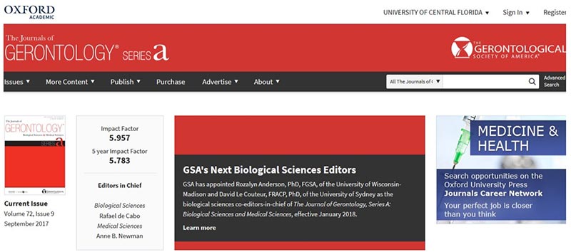 Screenshot of The Journals of Gerontology Series A's website.