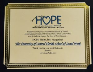 Certificate awarded to the UCF School of Social Work
