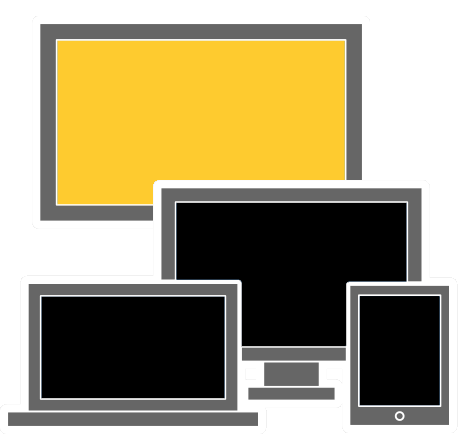 One yellow TV screen and three black screens on a monitor, laptop and tablet.