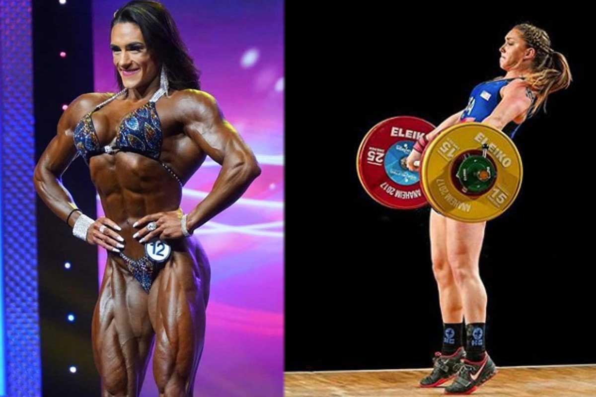 Left: Natalia Coelho posing in a bodybuilder competition. Right: Mattie Rogers lifting weights.