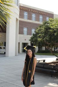 Nadia Pastrana in front of the Health and Public Affairs I Building.