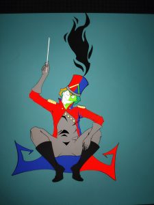Digital art by Josh Hrbert, titled "Painting." Depicts a modern take on a royal jester who has a face painted half white and half lime green. He wears a top hat that is half red and half blue, with a black flame illuminating at the top. In hi