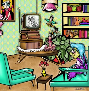 Digital art by Nadia Bloom, titled "TV Time." A colorful representation of a woman on the right of the image with blue hair in a purple bow dress & fox style black glitter glasses sitting on a teal sofa chair watching TV. The TV displays a man on a horse, which is placed on a brown table that has three miniature pink poodles on it. The wallpaper of the living room have teal, green, and grey circles. On the left of the wall is a bookshelf and on the right is a portrait of a girl wearing a red dress with two bows in her blonde hair, where she stares directly at the viewer with a tear in her eye.