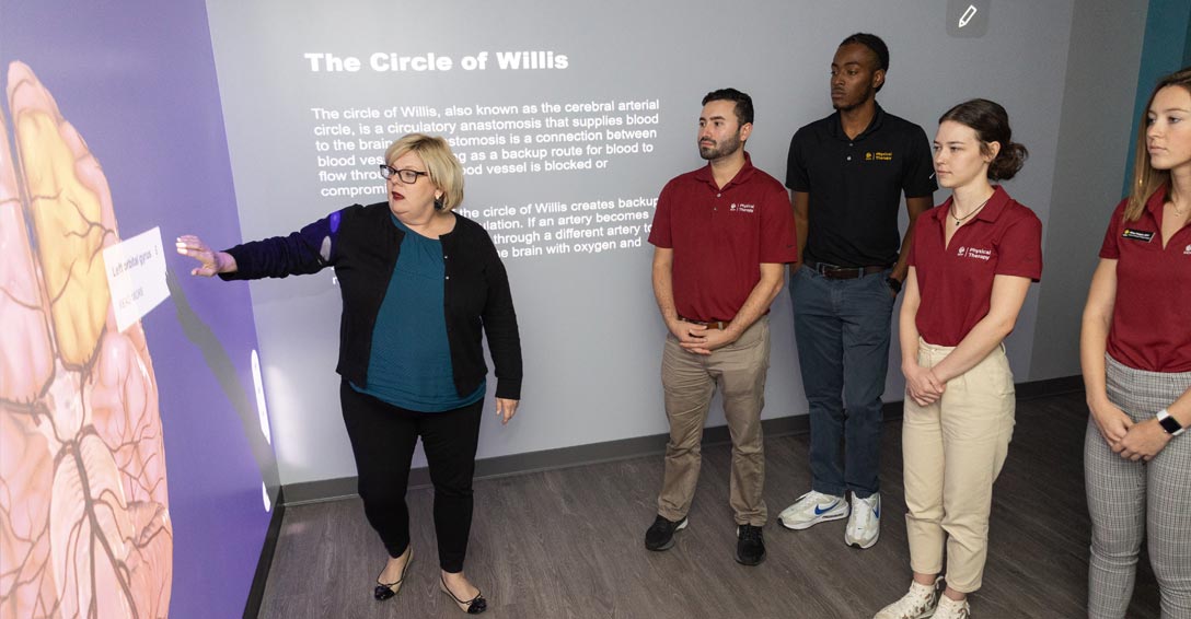 Jennifer Tucker and UCF students in the BLISS suite looking at the anatomy of a brain.