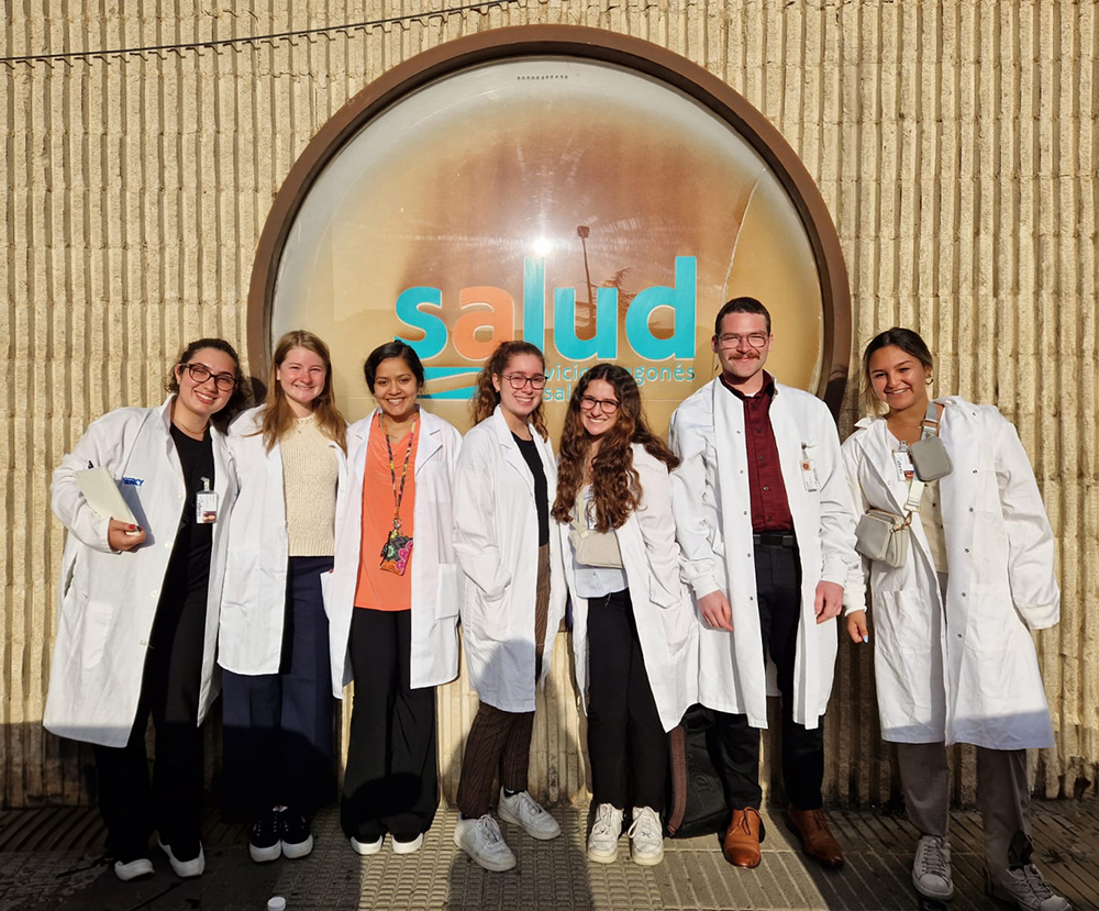 Interns from schools from across the United States pose in front of a hospital in Calatayud, Spain.