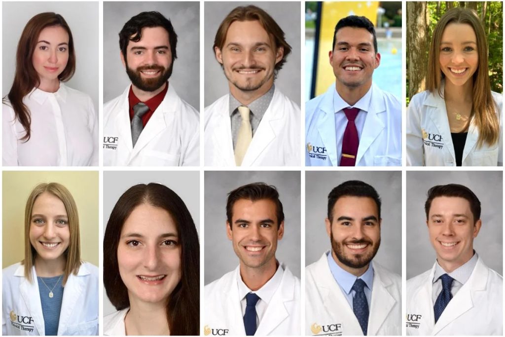 A collage of students wearing white coats