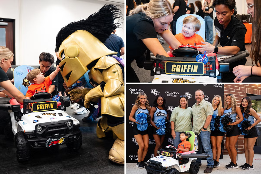 Three photos in a collage with a child in a car with his name on it reaching up to touch the UCF mascot Knightro who squats to his level, the child smiling in the car as volunteers help get him situated in the car, and a group photos of a child in their new toy car with his parents smiling behind him and cheerleaders smiling next to them in front of a UCF/Orlando Health backdrop